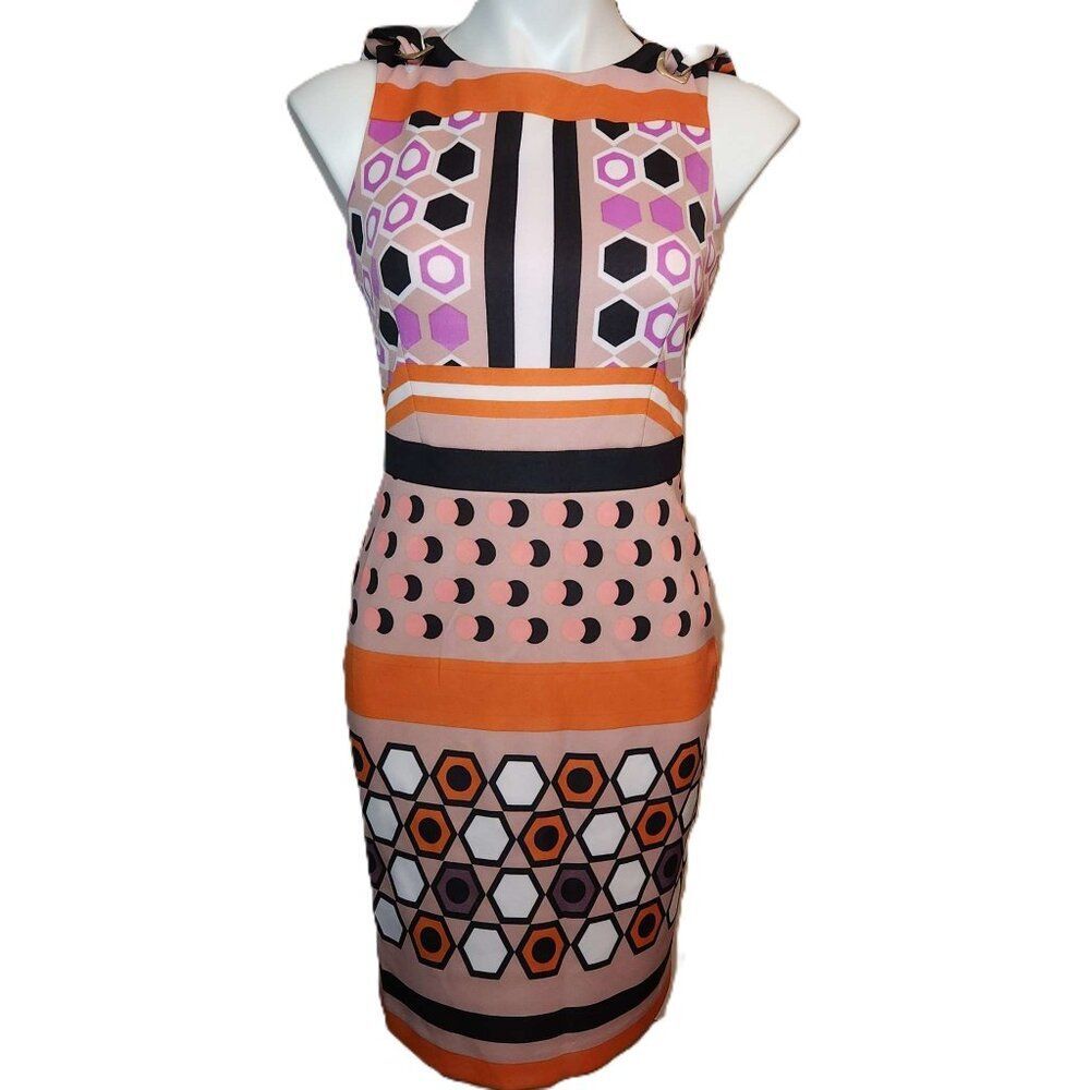 Muse sheath dress Women's size 4 Scuba knit Geometric sleeveless grommets bright